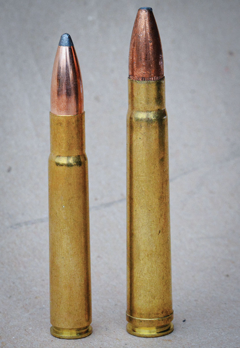 The 35 Whelen (left) approaches 375 H&H Magnum (right) ballistics, but features a beltless case, has a 2-round magazine capacity advantage, is more efficient and works in a standard 3.340-inch length action.